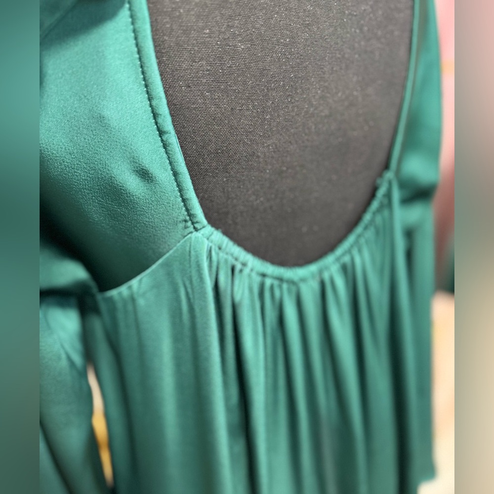 Emerald Green Flowy Swing Dress | Bell Sleeve Mock Neck Holiday Dress | Medium - Picture 6 of 7